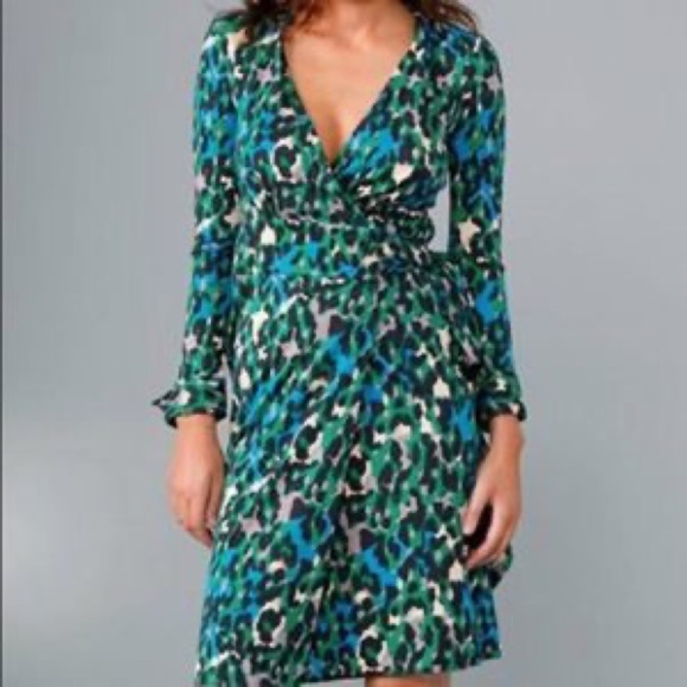 Diane Von Furstenberg Teal Green Blue Leopard Wrap Dress